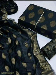 Unstitched Dark Cotton Jacquard 3-Piece Set featuring Printed Front, Sleeves, Back, Dupatta & Jacquard Trousers