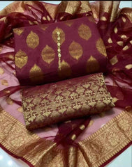 Unstitched Dark Cotton Jacquard 3-Piece Set featuring Printed Front, Sleeves, Back, Dupatta & Jacquard Trousers