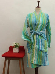 Elegant Cold Striped Bathrobe | Refreshing Green & Blue Hues | Unisex Comfort