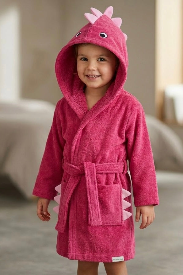 Dinosaur Hooded Kids Bathrobe – blue&pink (Ages 4 to 8)