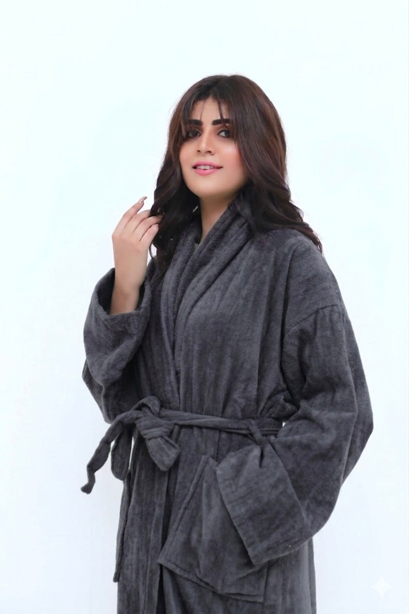 Elegant Grey velvet Bathrobe for Women and Men– Shawl Collar, Super-Soft | 450 gsm + slipper