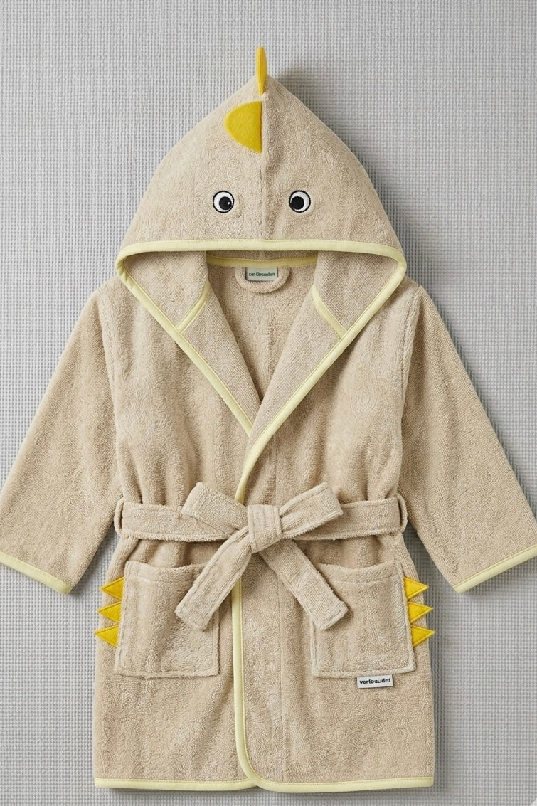 Yellow dino Kids Bathrobe – Soft & Cozy | For Kids Aged 4-8 Years