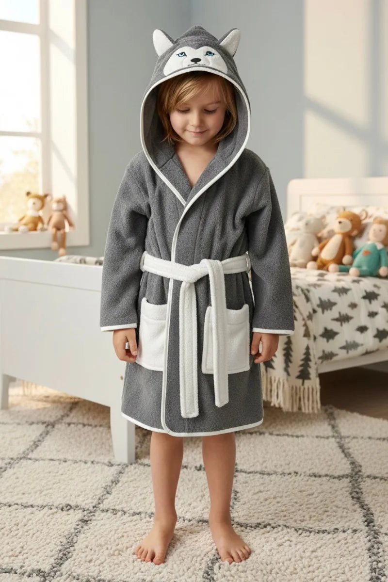 Wolf Hooded Kids Bathrobe – Dark Gray (Ages 4, 6, & 8)