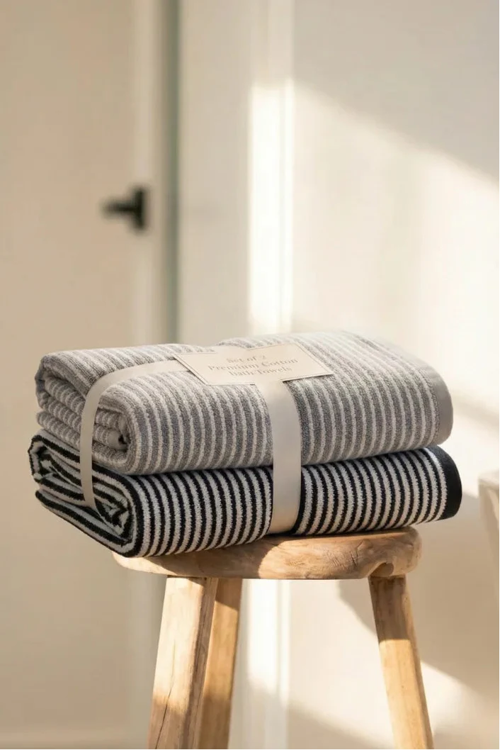 Luxury Cotton Stripe Towel Set – Pack of 2 (Grey & Brown)
