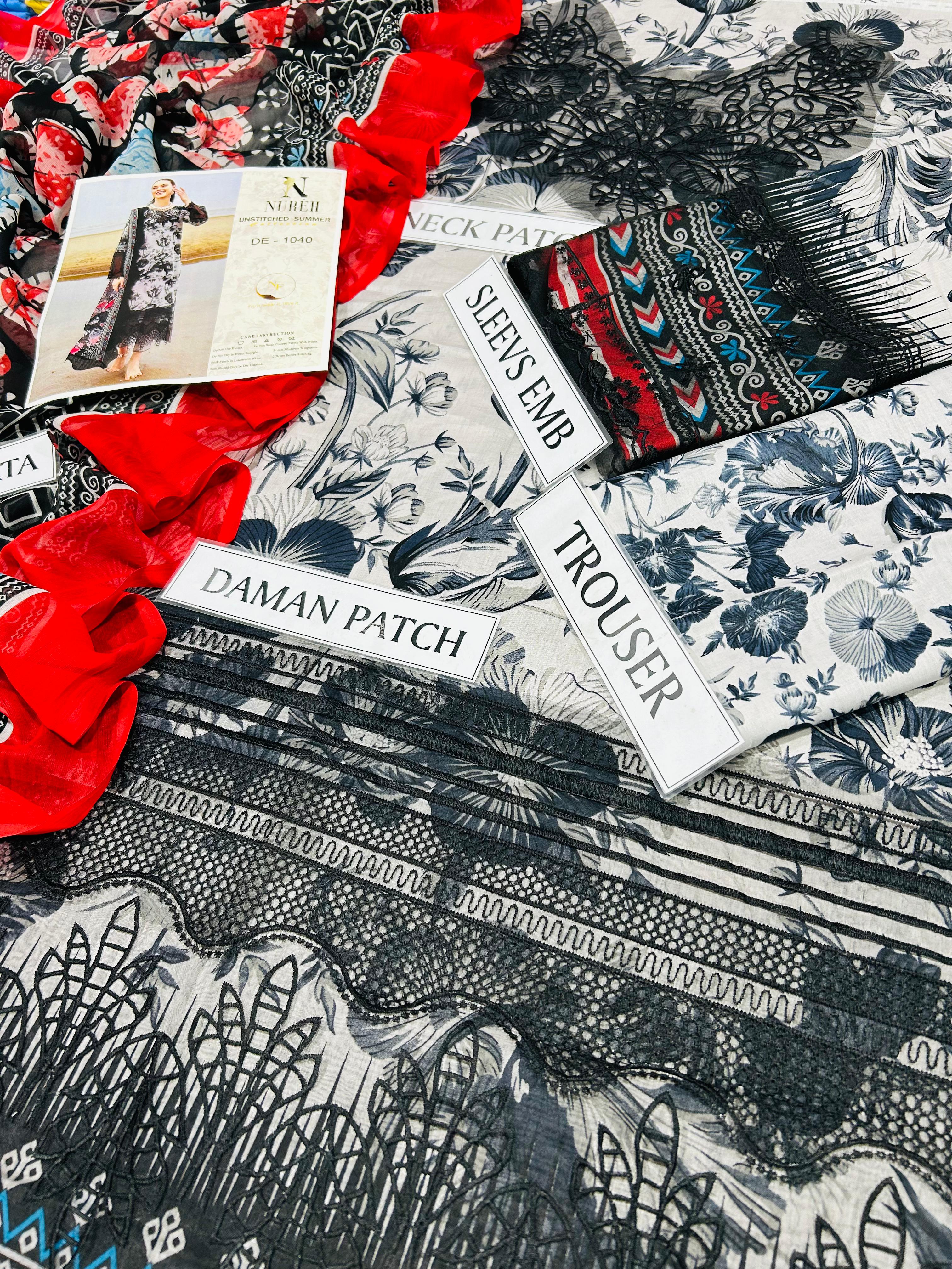 Nureh Luxury Lawn & Chiffon: 3-Piece Printed Embroidered Outfit
