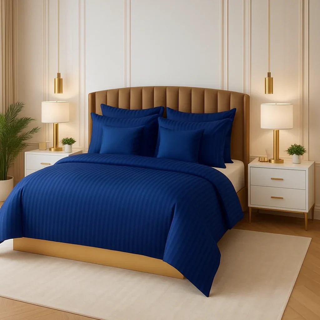 Navy Satin Stripe Duvet Covers Set – 8 Pieces