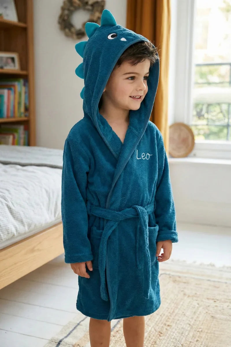 Dinosaur Hooded Kids Bathrobe – Dark Blue (Ages 4 to 10)