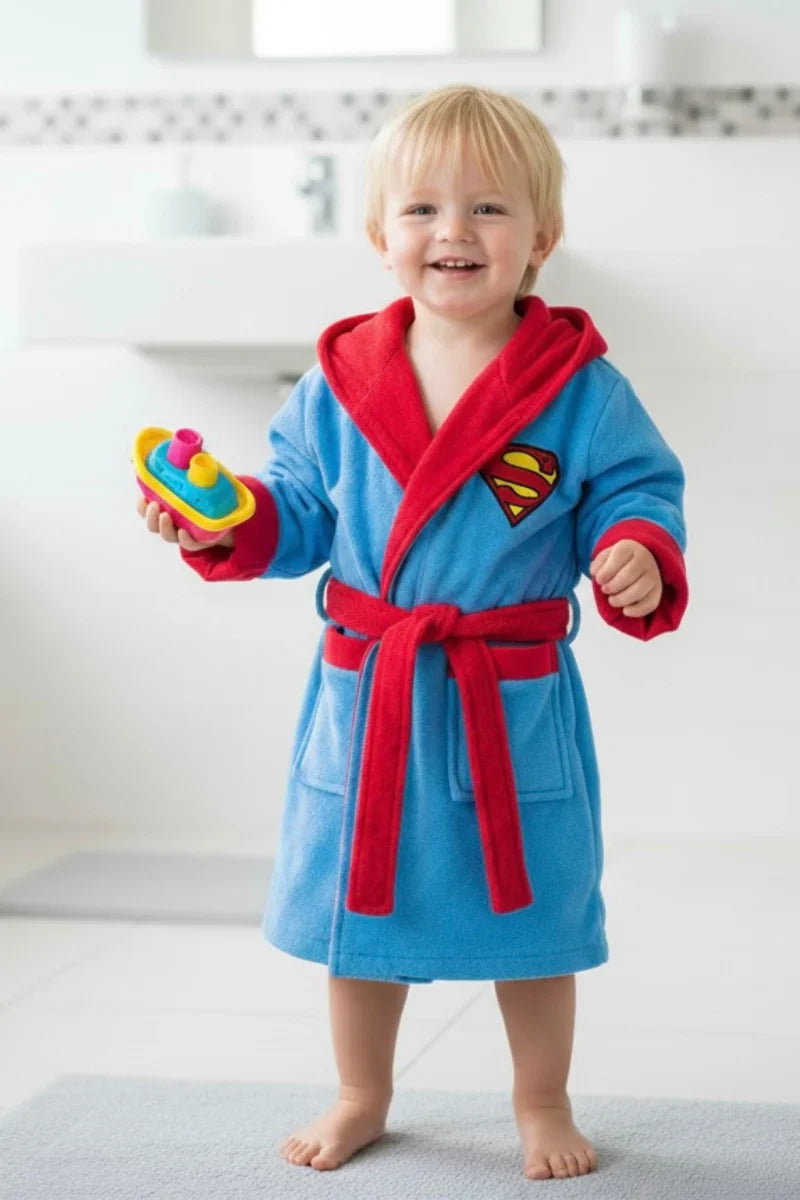 Super Man Hooded Kids Bathrobe – sky blue velvet (Ages 4, 6, & 8)