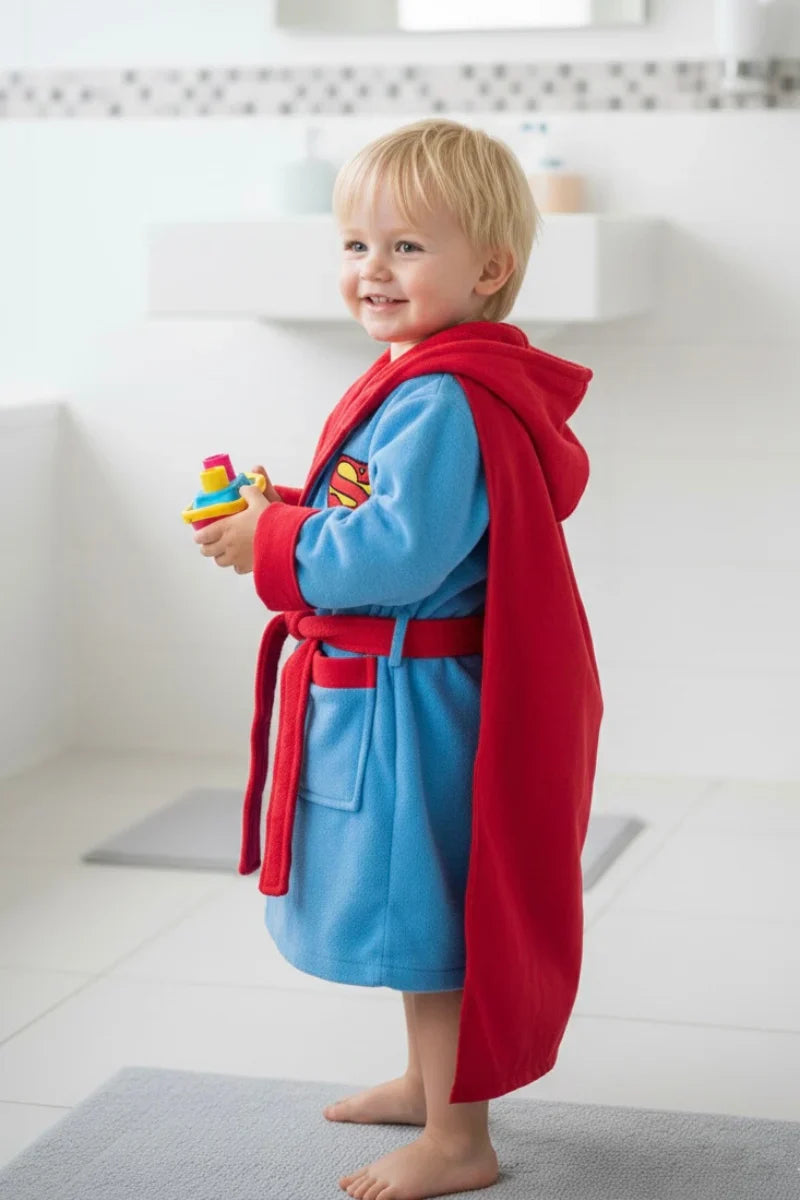 Super Man Hooded Kids Bathrobe – sky blue velvet (Ages 4, 6, & 8)