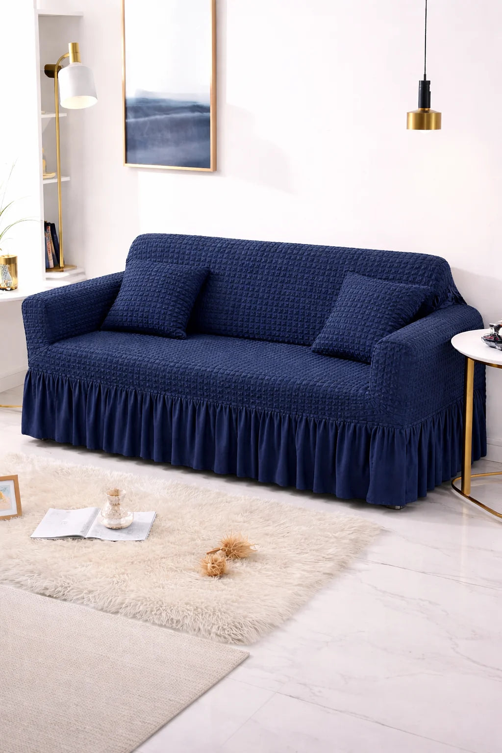Bubble Frill Stretchable Sofa Cover (Navy Blue Color)
