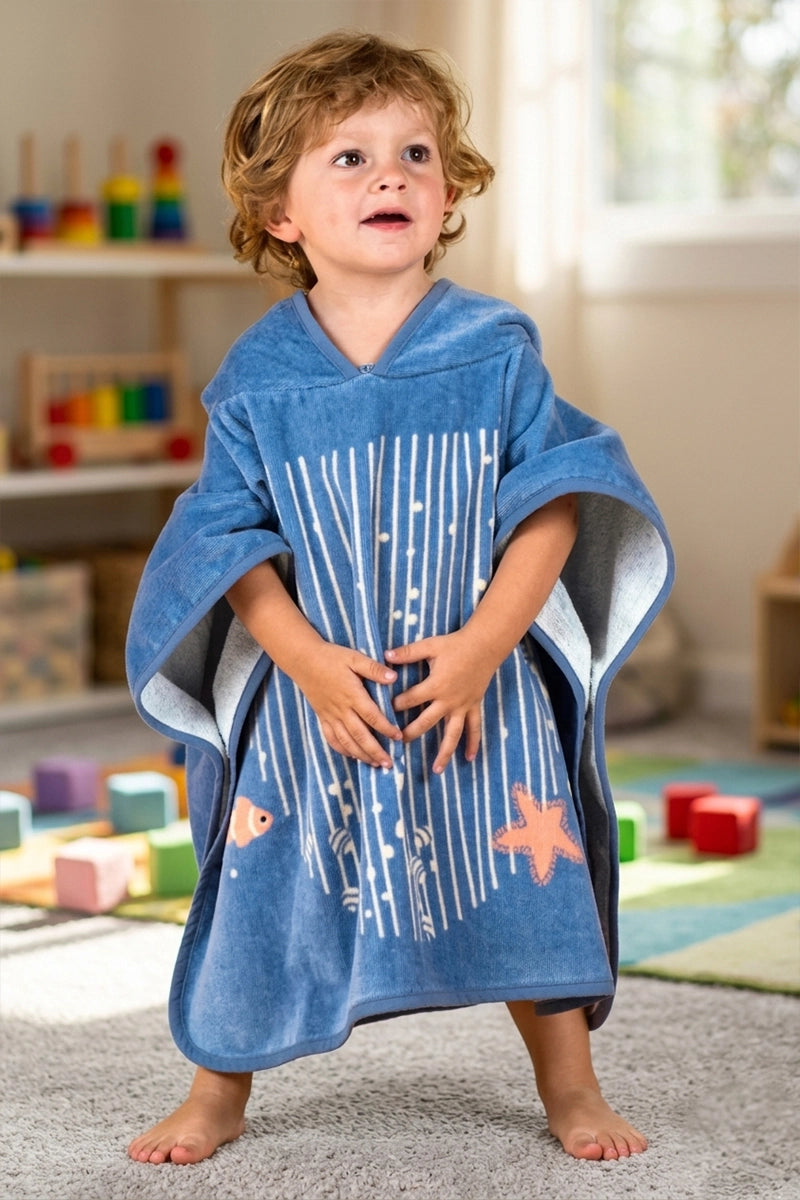 Sea Printed Premium Cotton Kids Ponchu