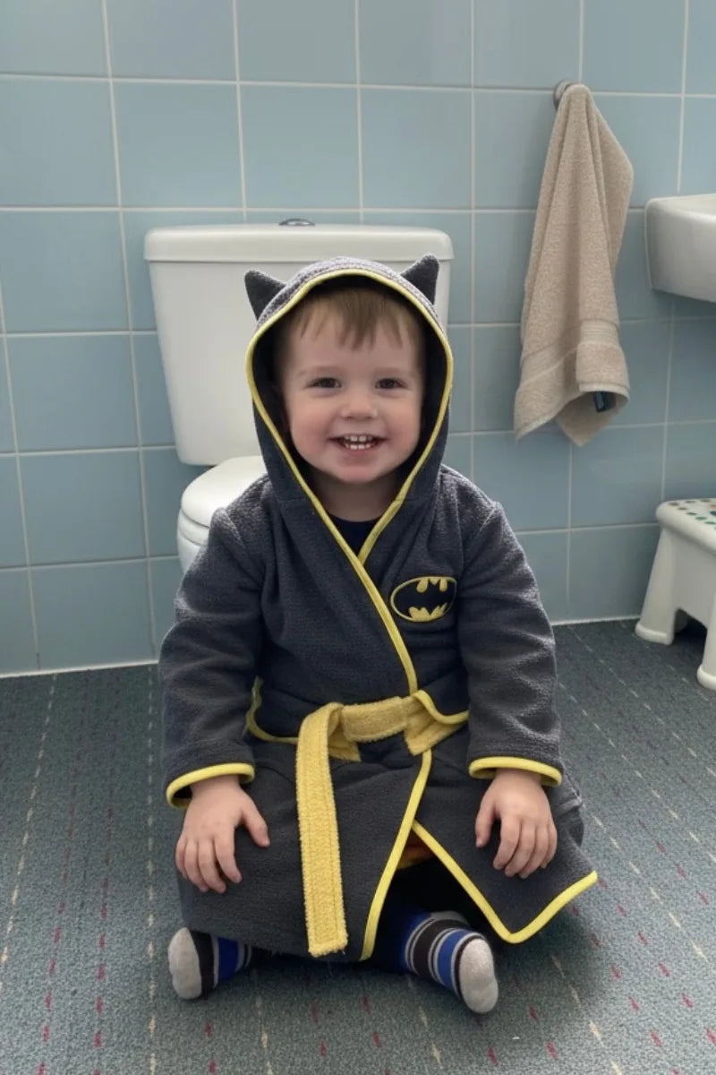Bat man Hooded Kids Bathrobe – Dark Grey & Black (Ages 4, 6, & 8)
