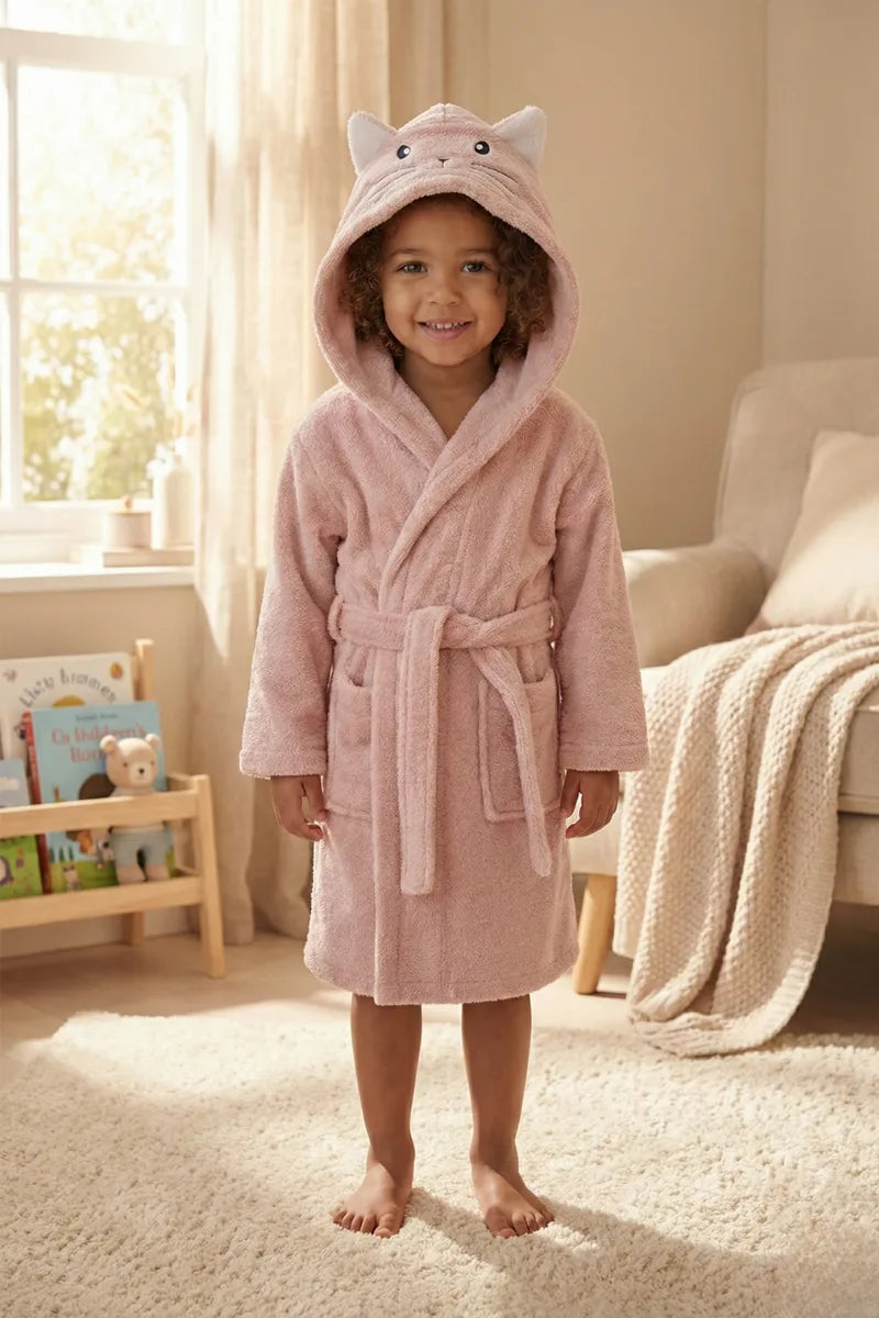 Cute Rabbit Hooded Kids Bathrobe – Pink Terry (Ages 4, 6, & 8)