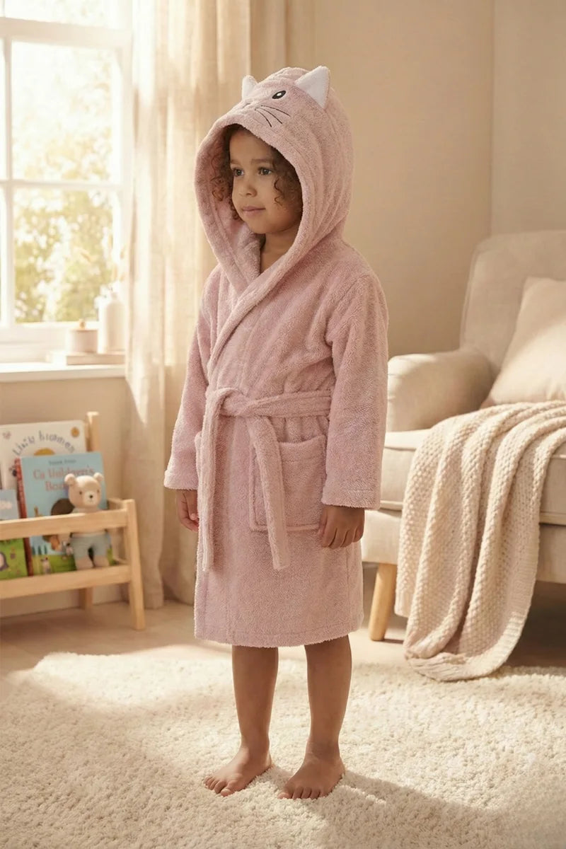 Cute Rabbit Hooded Kids Bathrobe – Pink Terry (Ages 4, 6, & 8)