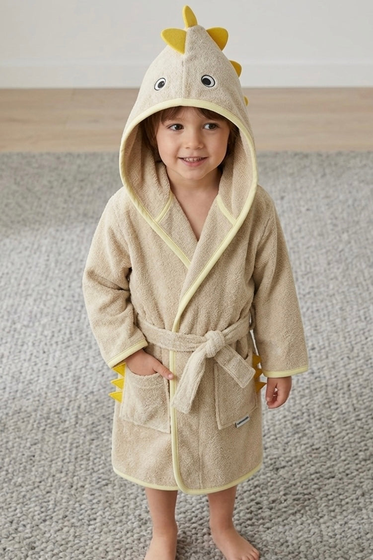 Yellow dino Kids Bathrobe – Soft & Cozy | For Kids Aged 4-8 Years