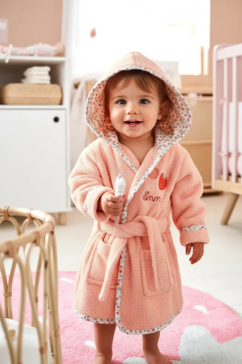 Strawberry Hooded Kids Bathrobe – Pink (Ages 9 Months to 3 Years)