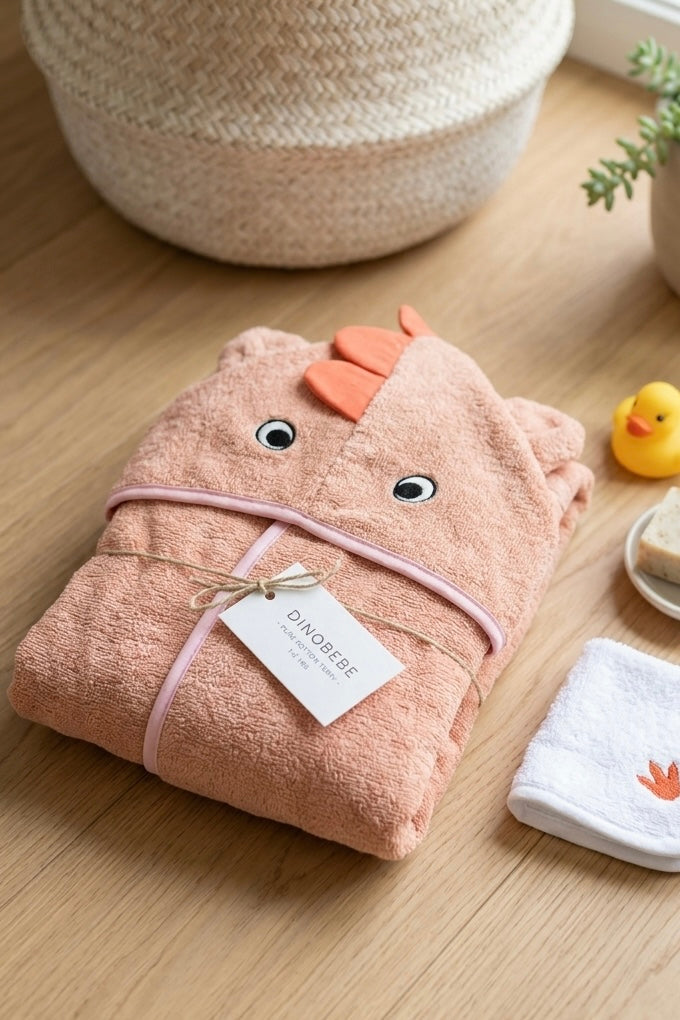 Orange dino Kids Bathrobe – Soft & Cozy | For Kids Aged 4-8 Years