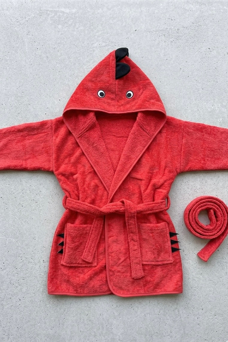 Red dino Kids Bathrobe – Soft & Cozy | For Kids Aged 4-8 Years