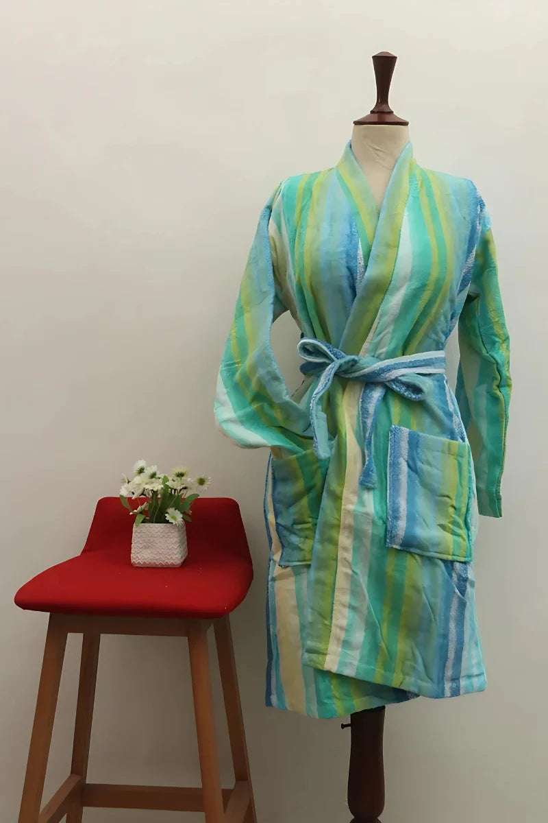 Elegant Cold Striped Bathrobe | Refreshing Green & Blue Hues