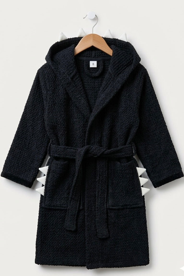 BLACK dino Kids Bathrobe – Soft & Cozy | For Kids Aged 4-8 Years