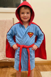 Super Man Hooded Kids Bathrobe – sky blue velvet (Ages 4, 6, & 8)
