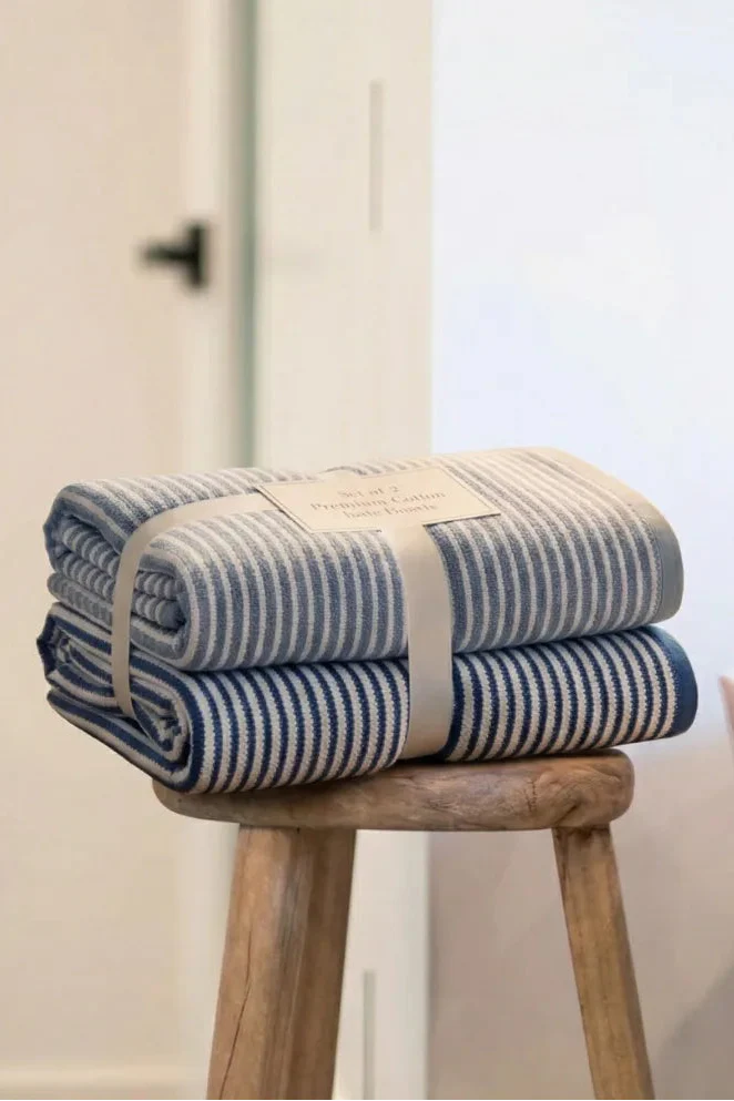 Cotton Stripe Bath Towel Set – Pack of 2 (Light Grey & Blue Dark)
