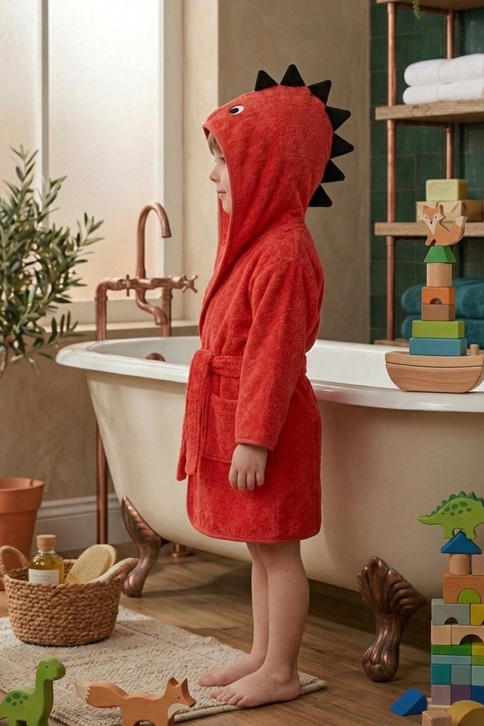 Red dino Kids Bathrobe – Soft & Cozy | For Kids Aged 4-8 Years