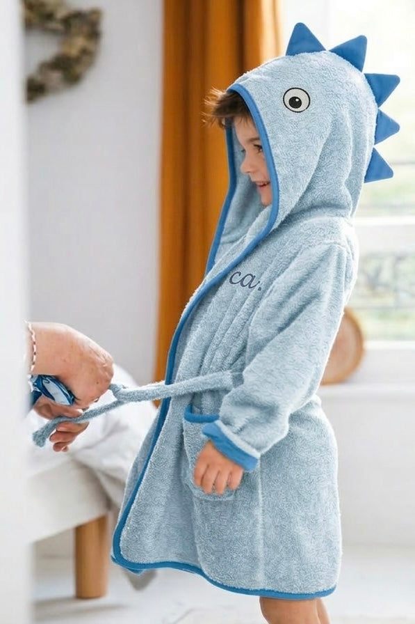 Dinosaur Hooded Kids Bathrobe – blue&pink (Ages 4 to 8)