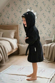 BLACK dino Kids Bathrobe – Soft & Cozy | For Kids Aged 4-8 Years