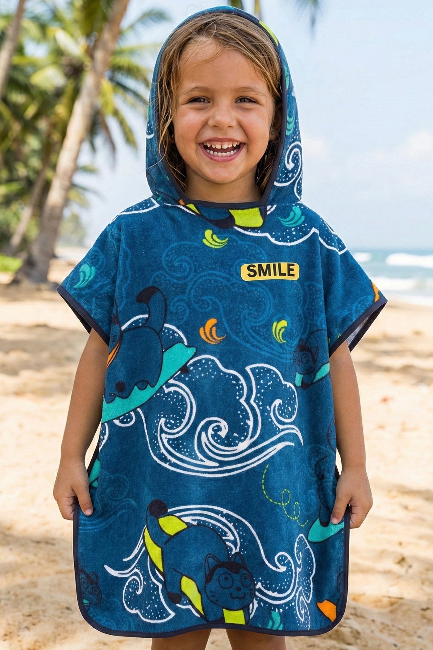 Kids Blue Hoodie Towel | Printed Poncho Bath Towel 3 to 7 year