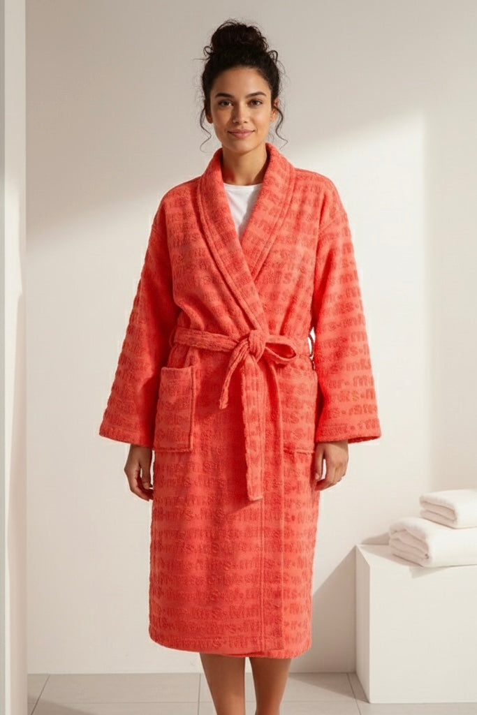 Women’s Embossed Bathrobe – Rich Orange | Soft Cotton | Luxurious Fit
