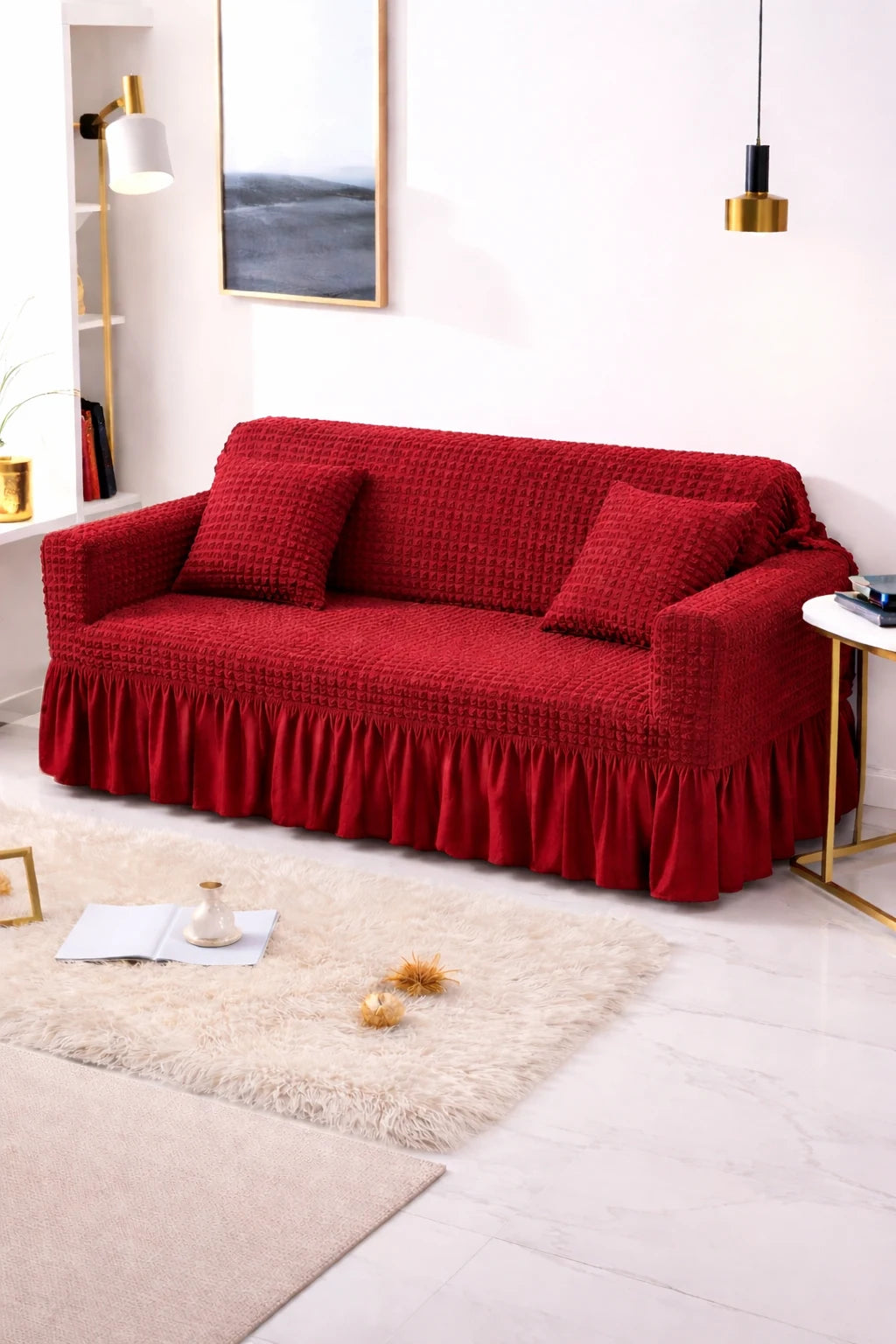 Bubble Frill Stretchable Sofa Cover (Maroon Color)