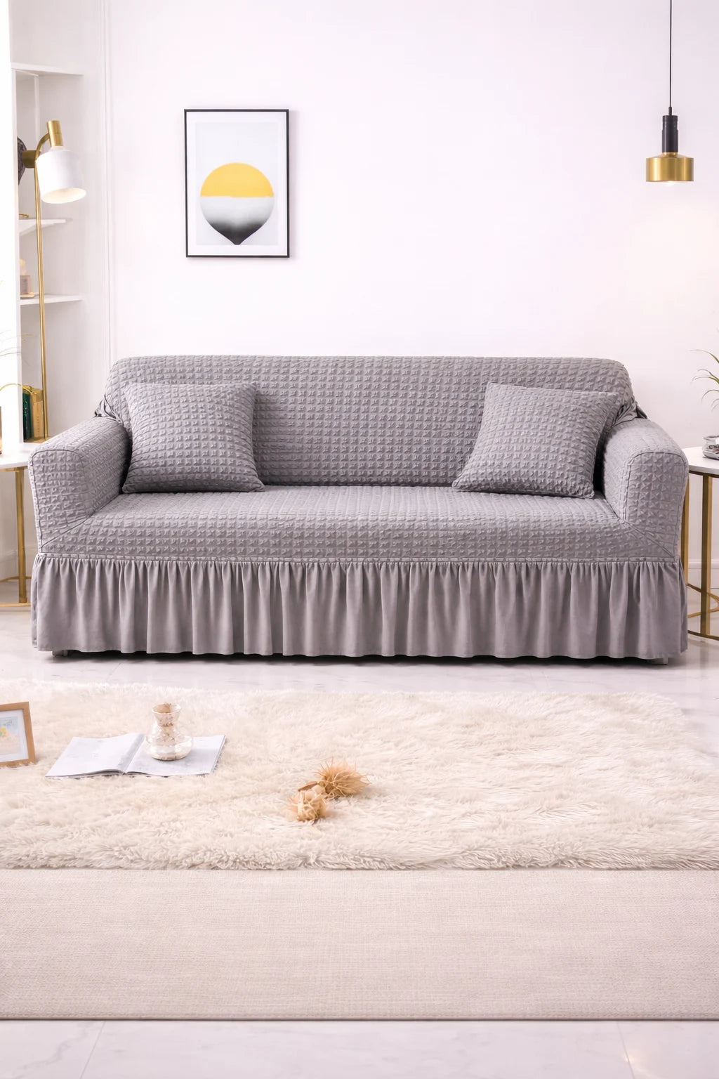 Bubble Frill Stretchable Sofa Cover (Gray Color)