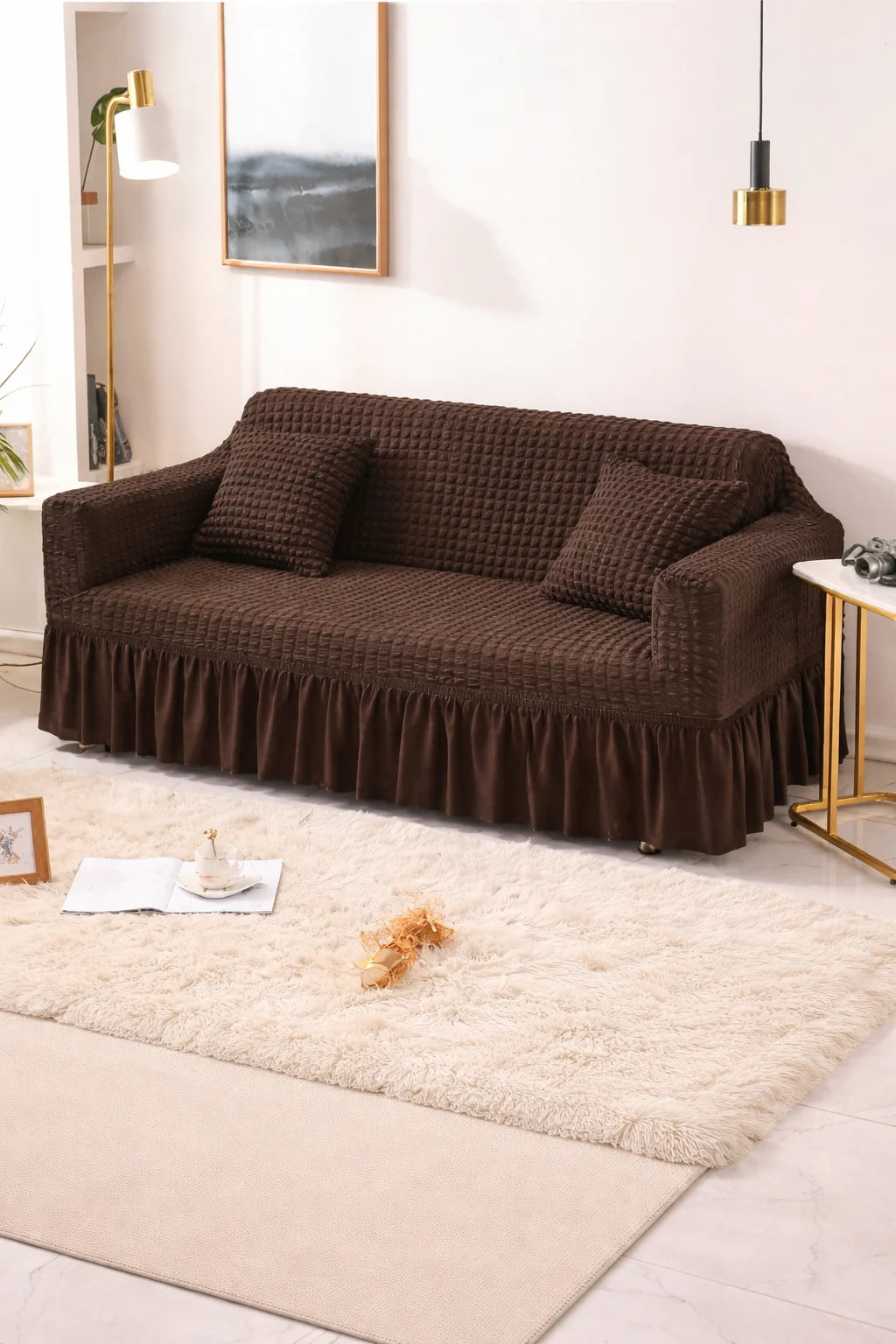 Bubble Frill Stretchable Sofa Cover (Dark Brown Color)