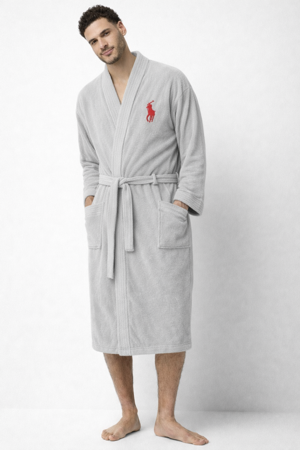 Stylish and Comfortable Grey Bathrobe with Iconic Red Polo Embroidery