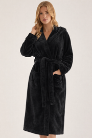 Black Unisex Soft Plush Fleece Hooded Bathrobe