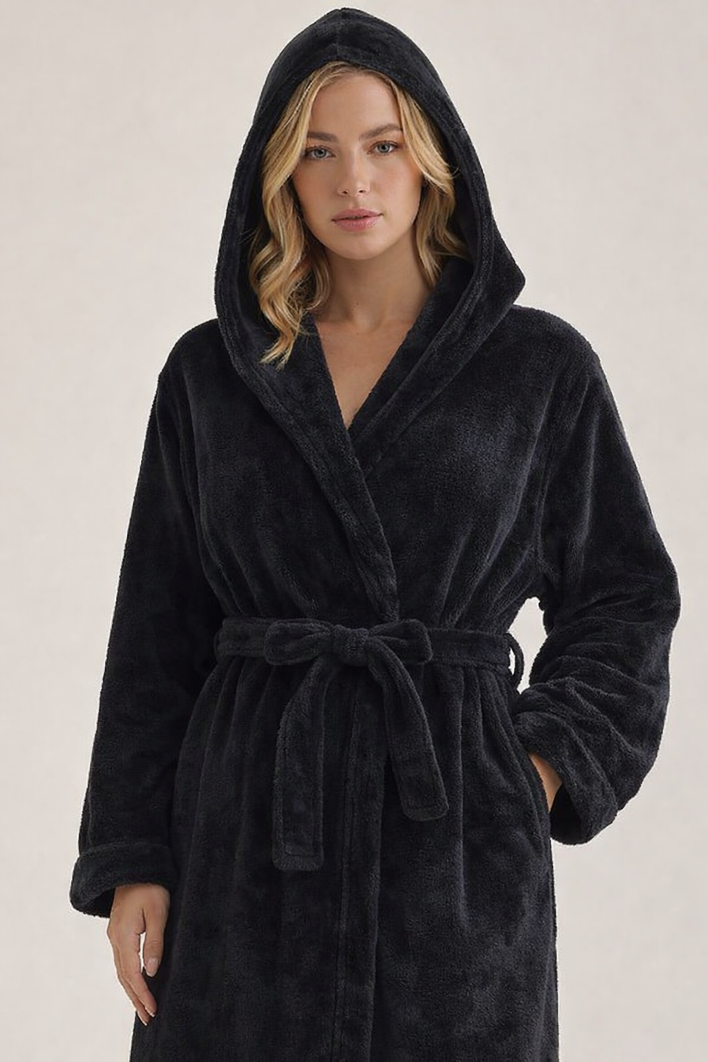 Black Unisex Soft Plush Fleece Hooded Bathrobe