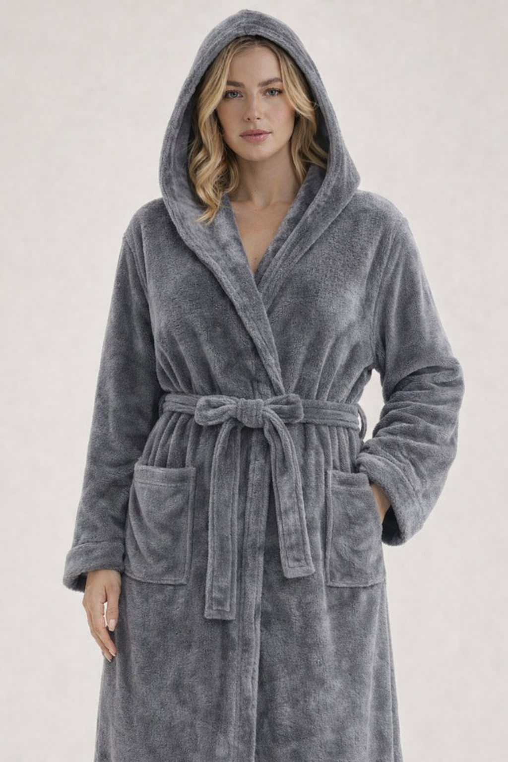 Grey Unisex Soft Plush Fleece Hooded Bathrobe