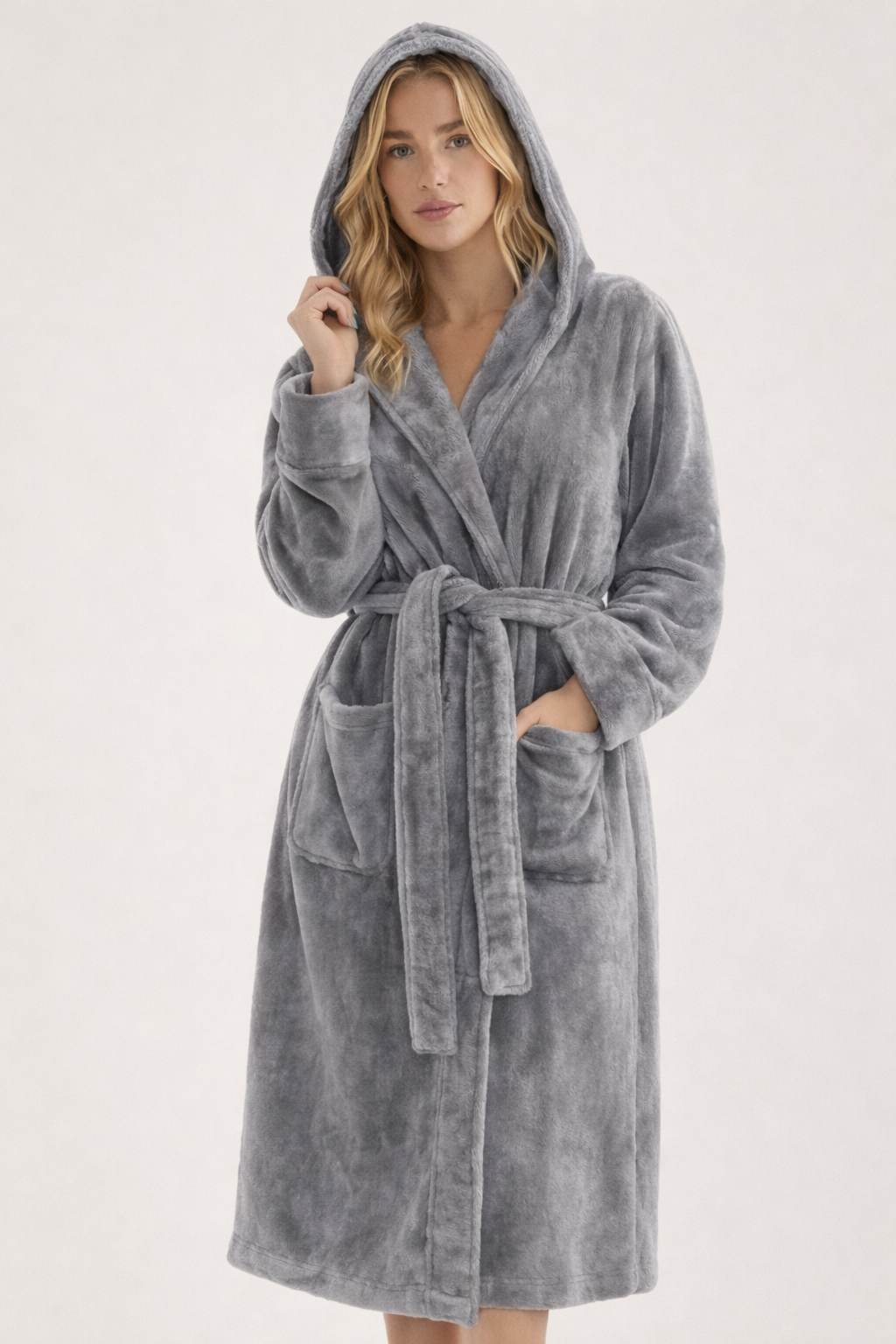 Grey Unisex Soft Plush Fleece Hooded Bathrobe