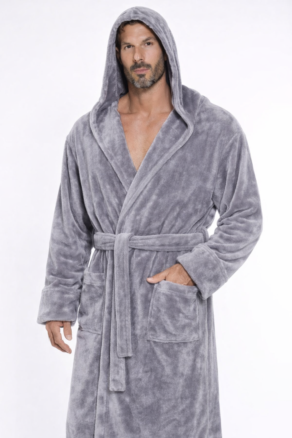 Grey Unisex Soft Plush Fleece Hooded Bathrobe