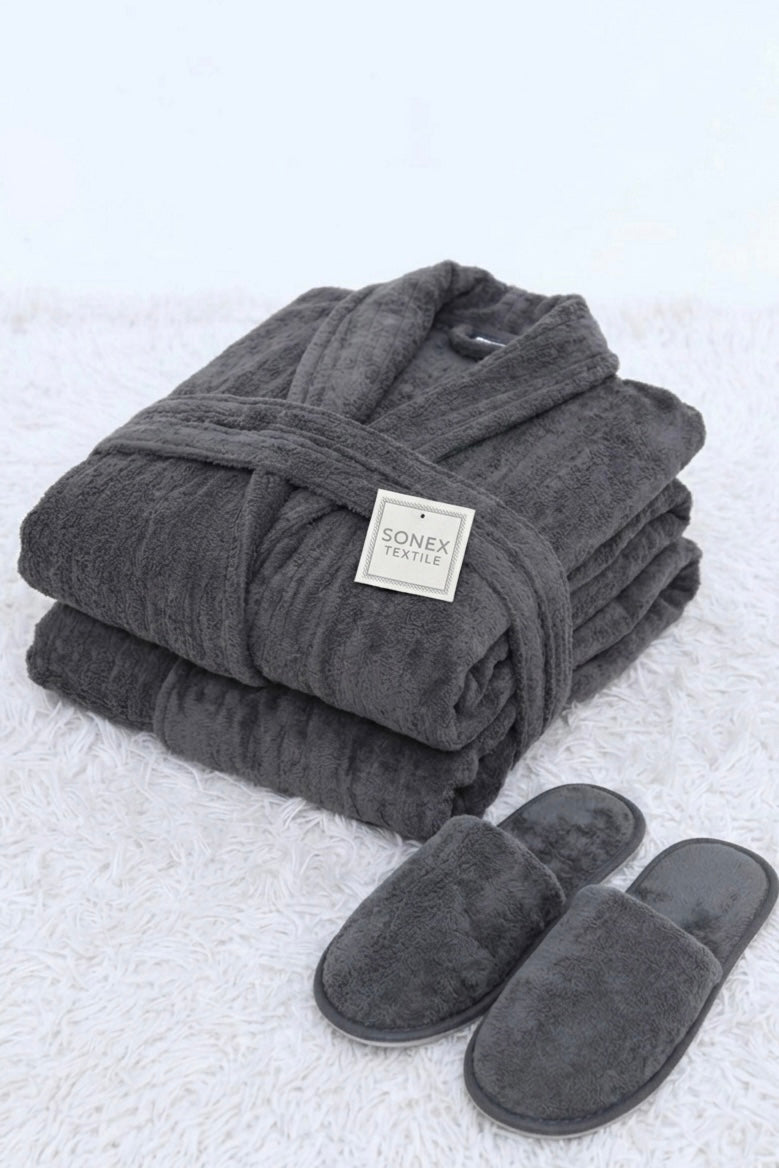 Elegant Grey velvet Bathrobe for Women and Men– Shawl Collar, Super-Soft | 450 gsm + slipper