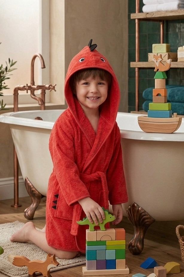 Red dino Kids Bathrobe – Soft & Cozy | For Kids Aged 4-8 Years