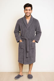 Unisex Luxury Shawl Collar Bathrobe – Soft Microfiber, Classic Grey
