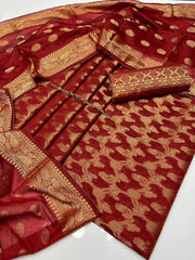 Unstitched Dark Cotton Jacquard 3-Piece Set featuring Printed Front, Sleeves, Back, Dupatta & Jacquard Trousers