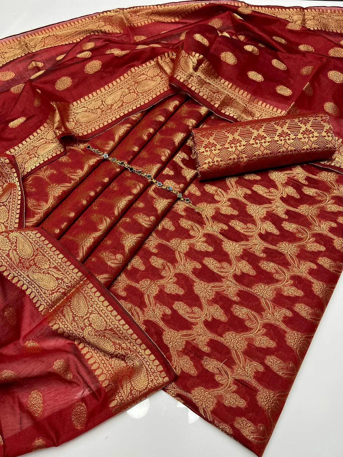 Unstitched Dark Cotton Jacquard 3-Piece Set featuring Printed Front, Sleeves, Back, Dupatta & Jacquard Trousers