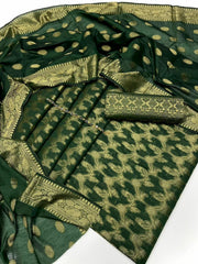 Unstitched Dark Cotton Jacquard 3-Piece Set featuring Printed Front, Sleeves, Back, Dupatta & Jacquard Trousers