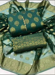 Unstitched Dark Cotton Jacquard 3-Piece Set featuring Printed Front, Sleeves, Back, Dupatta & Jacquard Trousers