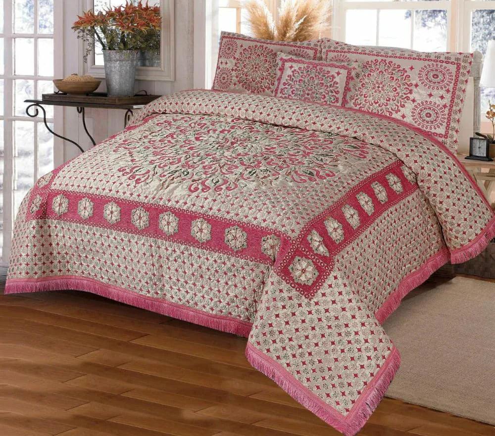 Premium Fomi Four Border Jacquard Bed Sheet Set – 5 Pcs: 1 Fomi Bed Sheet, 2 Pillow Covers, 1 Cushion Cover