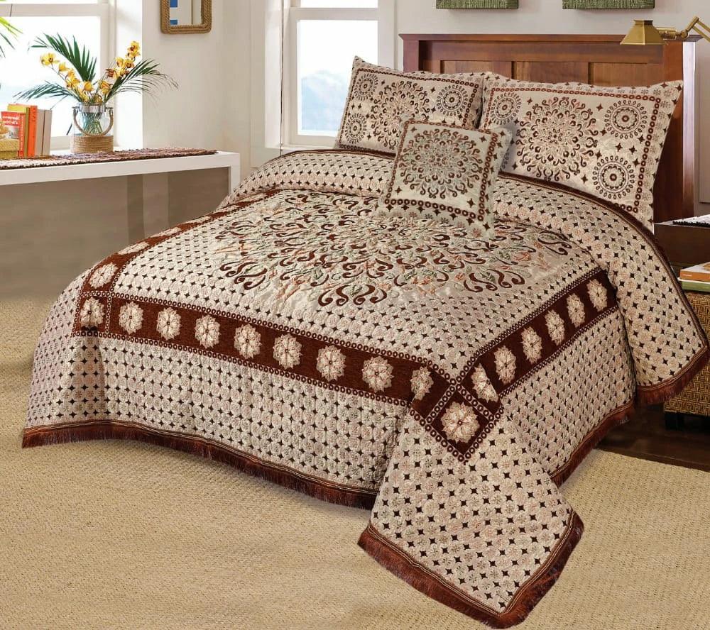 Premium Fomi Four Border Jacquard Bed Sheet Set – 5 Pcs: 1 Fomi Bed Sheet, 2 Pillow Covers, 1 Cushion Cover
