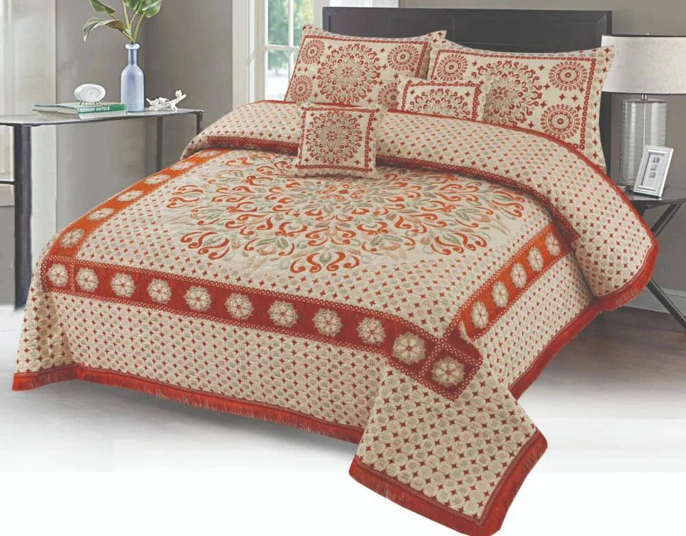 Premium Fomi Four Border Jacquard Bed Sheet Set – 5 Pcs: 1 Fomi Bed Sheet, 2 Pillow Covers, 1 Cushion Cover
